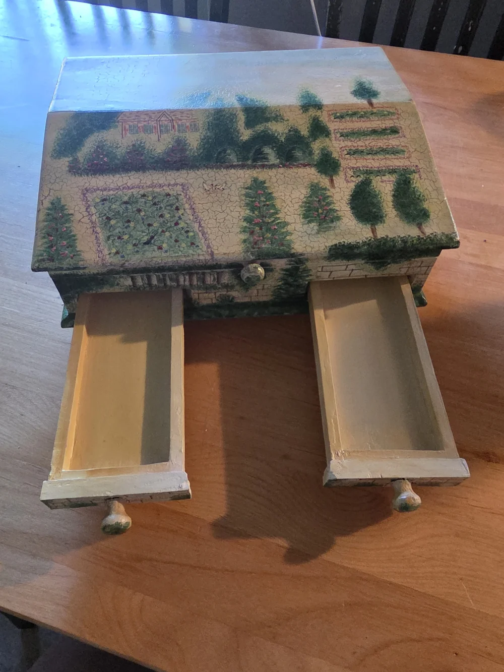 Vintage Hand-Painted Garden Motif Jewelry Box